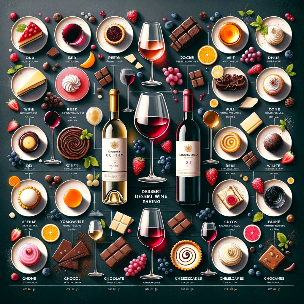 Dessert wine pairing guide showcasing a variety of wines from red to white to rosé, paired with desserts like chocolate, fruit tarts, and cheesecake for a comprehensive guide to pairing wine with desserts.
