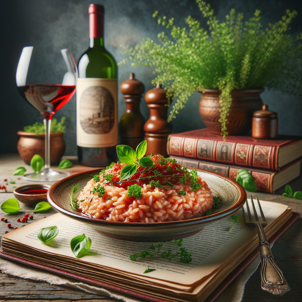 Delicious gourmet Italian red wine risotto recipe idea beautifully plated, with the best red wine for risotto and a cookbook of wine infused risotto recipes and cooking tips in the background.