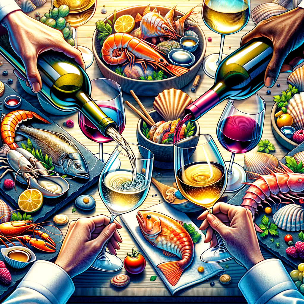 Variety of seafood dishes with fish and shellfish paired with white and red wines, illustrating the process of choosing the perfect wine for each seafood dish for a comprehensive seafood dish wine guide.
