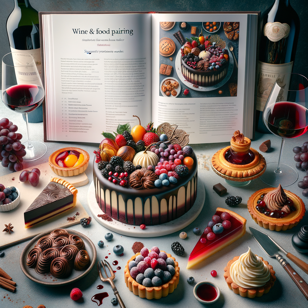 Decadent spread of unique wine desserts including red wine chocolate cake, white wine infused fruit tart, and wine-infused pastries, with a wine and food pairing guide and cookbook open to wine recipes page, perfect for exploring desserts with alcohol and cooking with wine.