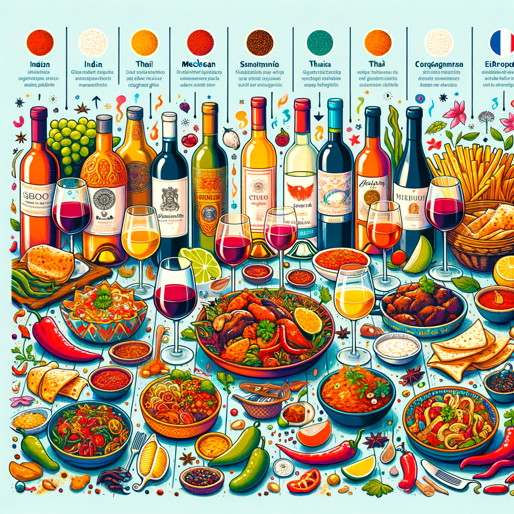 Vibrant chart showcasing best wine for spicy foods from around the world, providing spicy food wine pairing suggestions and wine pairing tips for spicy cuisine.
