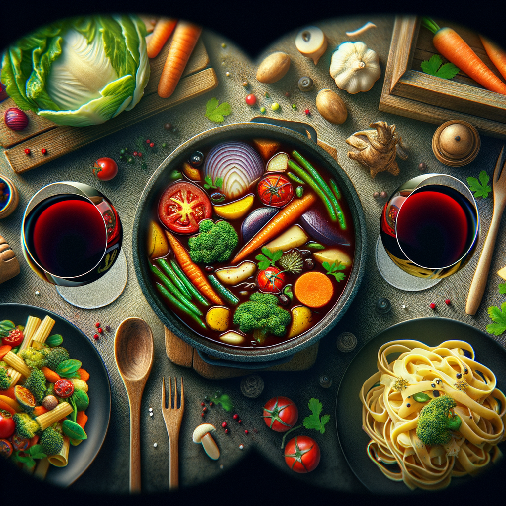 Delicious variety of vegetarian wine recipes including a pot of vegetable stew with red wine, pasta in white wine sauce, and salad with wine vinaigrette, showcasing the diversity of cooking with wine in vegetarian cuisine.
